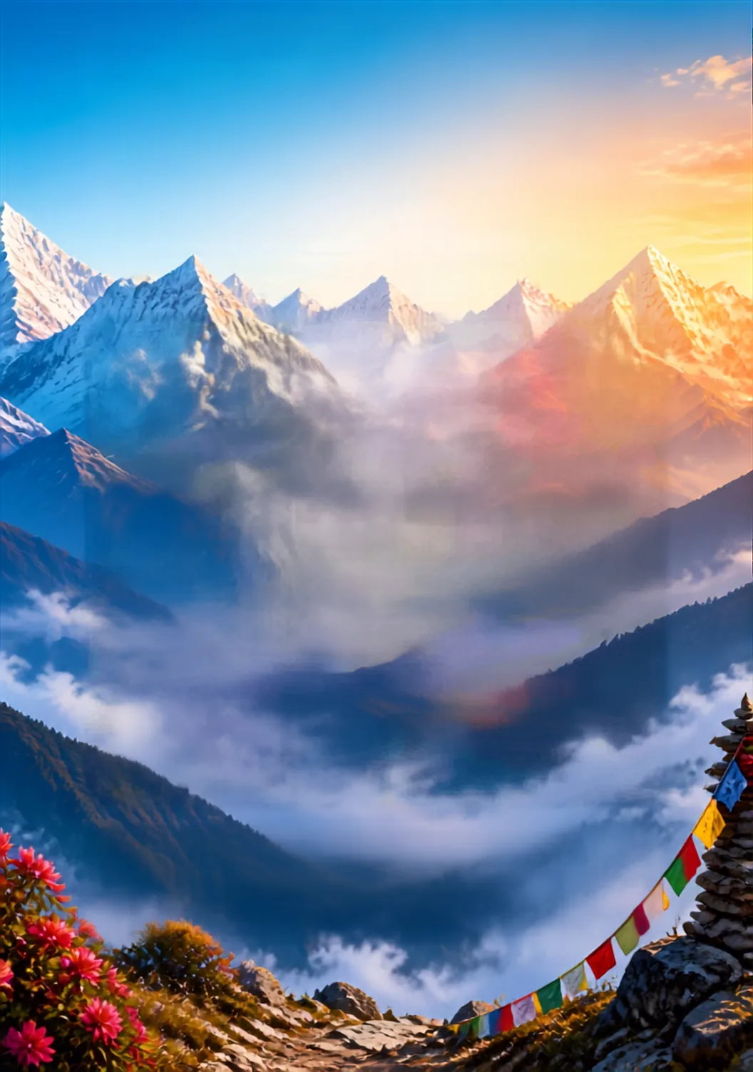 Himalayan peaks at sunrise with prayer flags