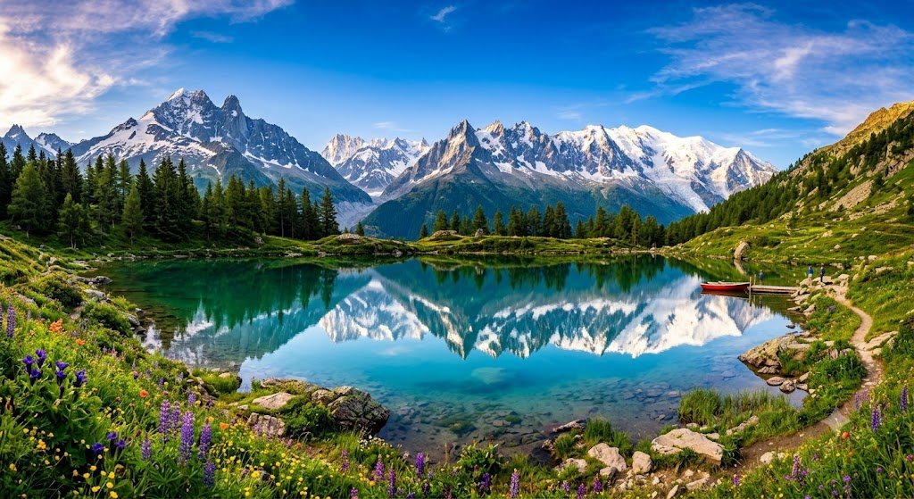 Snow-capped peaks reflected in a still alpine lake