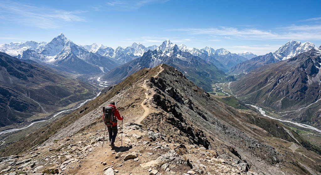 Trekker climbing a rocky ridge toward snow peaks