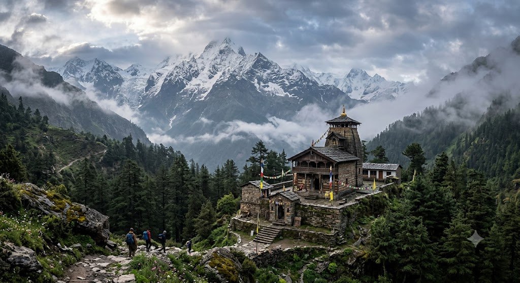 Stone Himalayan temple among forest and misty snow peaks