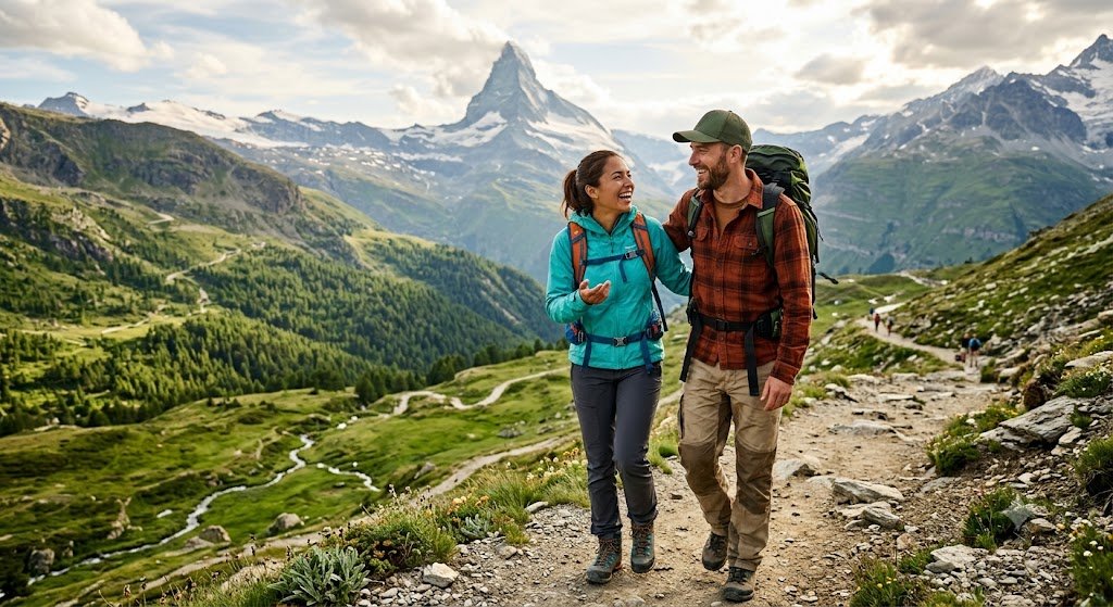 Two trekkers walking a mountain trail with snow peaks behind